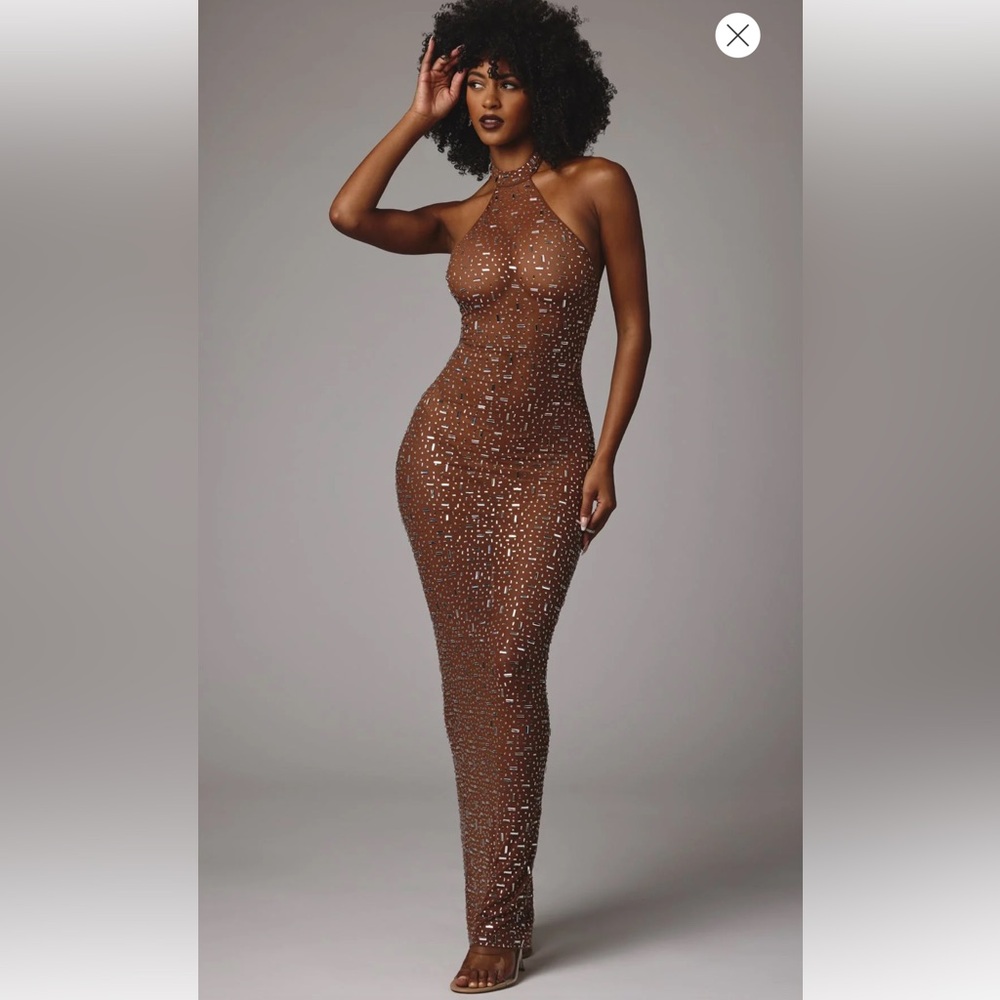 Oh Polly - SHEER EMBELLISHED HIGH NECK EVENING GOWN IN MOCHA